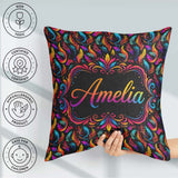 Custom Name Colorful Tropical Feather Leaves on Black Background Square Filled Cushion Throw Pillow Sofa Bed Home Decor Zip Washable UK Made