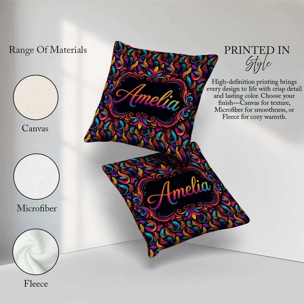 Custom Name Colorful Tropical Feather Leaves on Black Background Square Filled Cushion Throw Pillow Sofa Bed Home Decor Zip Washable UK Made