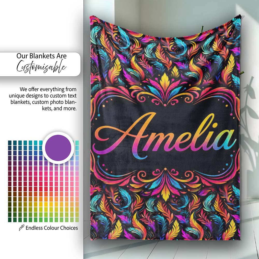 Colorful Tropical Feather Leaves on Black Background Seamless Exotic  Personalised Custom Name Super Soft Fleece Blanket Bed Sofa Throw