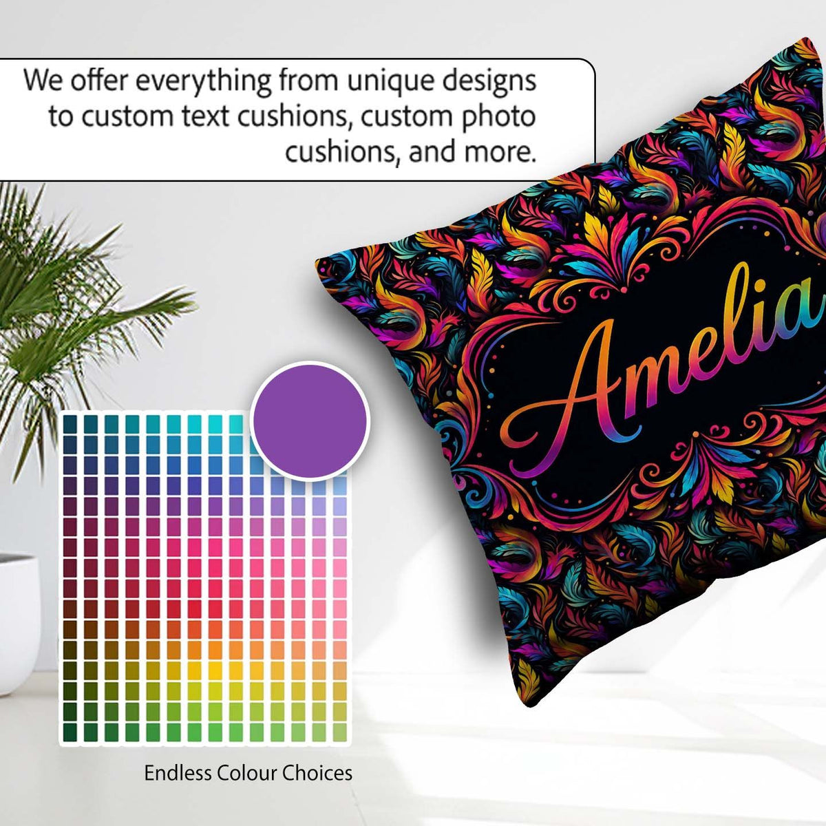 Custom Name Colorful Tropical Feather Leaves on Black Background Square Filled Cushion Throw Pillow Sofa Bed Home Decor Zip Washable UK Made