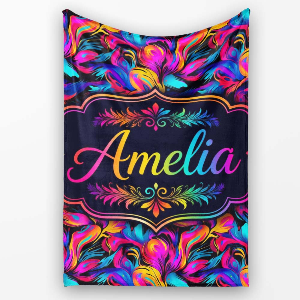 Abstract Fluid Paint Swirl Neon Colors on Dark Background Seamless  Personalised Custom Name Super Soft Fleece Blanket Bed Sofa Throw