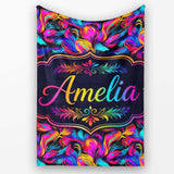 Abstract Fluid Paint Swirl Neon Colors on Dark Background Seamless  Personalised Custom Name Super Soft Fleece Blanket Bed Sofa Throw