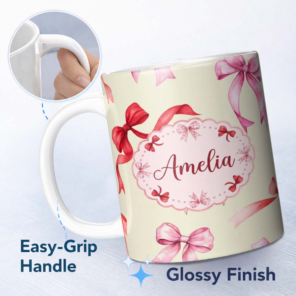 Personalized Custom Name Watercolor Ribbon Bow Seamless Pattern on Cream Background Lovely 11oz Ceramic Coffee Tea Mug White Large Handle