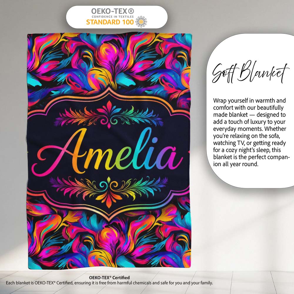 Abstract Fluid Paint Swirl Neon Colors on Dark Background Seamless  Personalised Custom Name Super Soft Fleece Blanket Bed Sofa Throw
