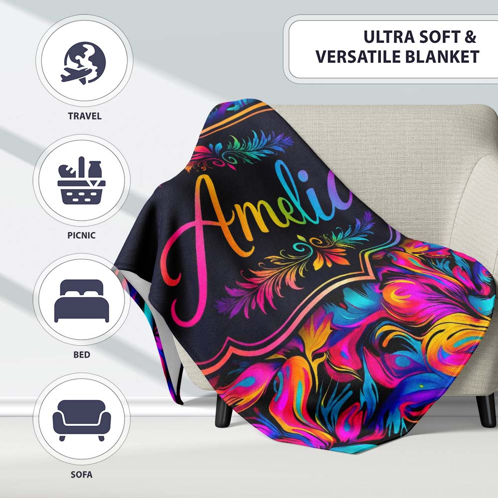 Abstract Fluid Paint Swirl Neon Colors on Dark Background Seamless  Personalised Custom Name Super Soft Fleece Blanket Bed Sofa Throw