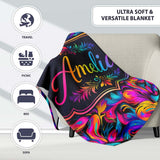 Abstract Fluid Paint Swirl Neon Colors on Dark Background Seamless  Personalised Custom Name Super Soft Fleece Blanket Bed Sofa Throw