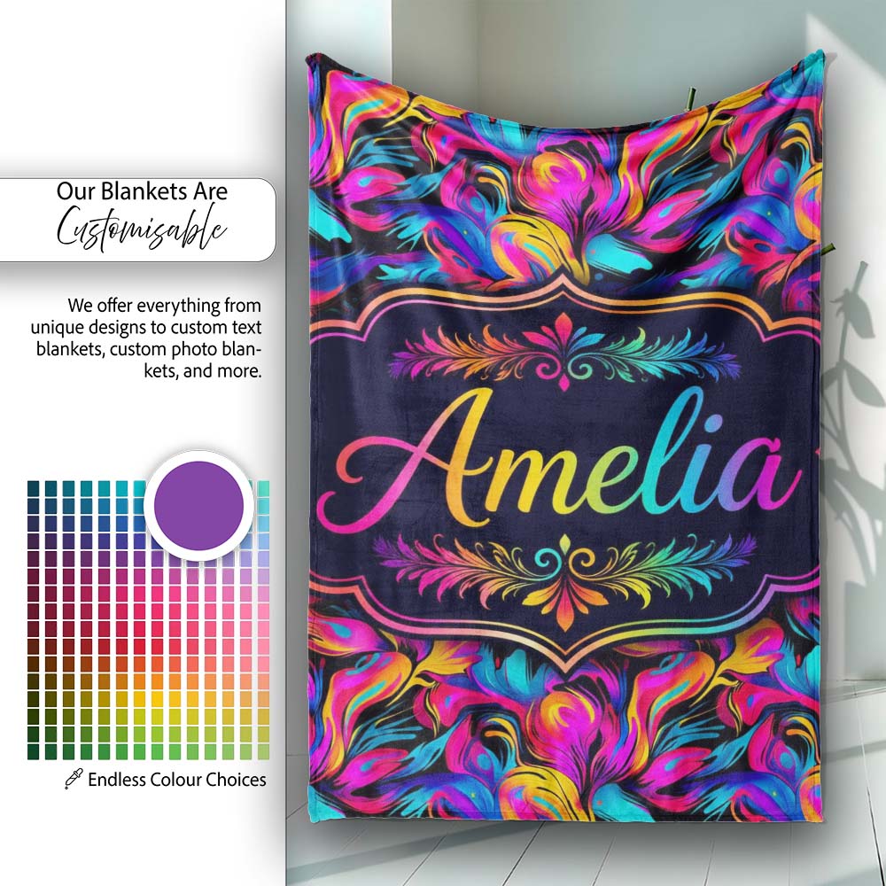 Abstract Fluid Paint Swirl Neon Colors on Dark Background Seamless  Personalised Custom Name Super Soft Fleece Blanket Bed Sofa Throw