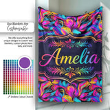 Abstract Fluid Paint Swirl Neon Colors on Dark Background Seamless  Personalised Custom Name Super Soft Fleece Blanket Bed Sofa Throw