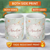 Personalized Custom Name Cute Easter Bunnies with Flowers Carrots Soft Sage Background 11oz Ceramic Coffee Tea Mug White Large Handle