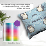 Custom Name Cute Winter Penguin Cartoon Animal Pattern for Her Square Filled Cushion Throw Pillow Sofa Bed Home Decor Zip Washable UK Made