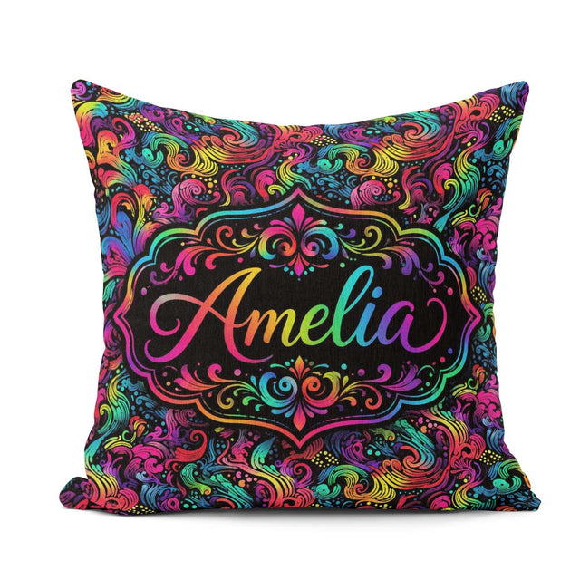 Custom Name Psychedelic Rainbow Wave Swirl Pattern on Background Square Filled Cushion Throw Pillow Sofa Bed Home Decor Zip Washable UK Made