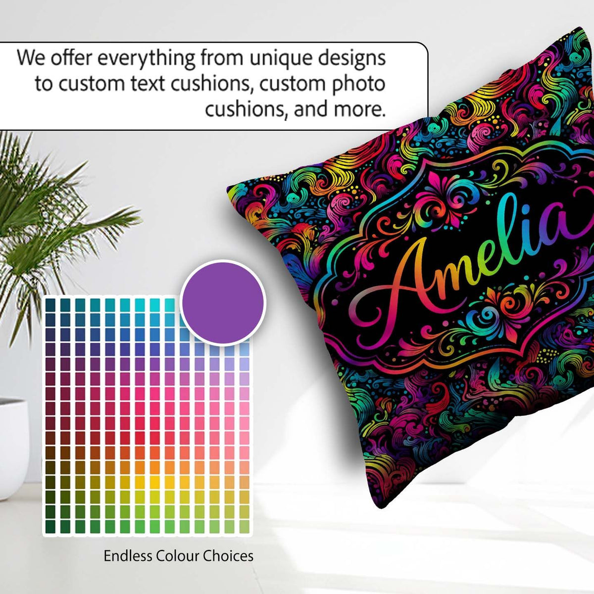 Custom Name Psychedelic Rainbow Wave Swirl Pattern on Background Square Filled Cushion Throw Pillow Sofa Bed Home Decor Zip Washable UK Made