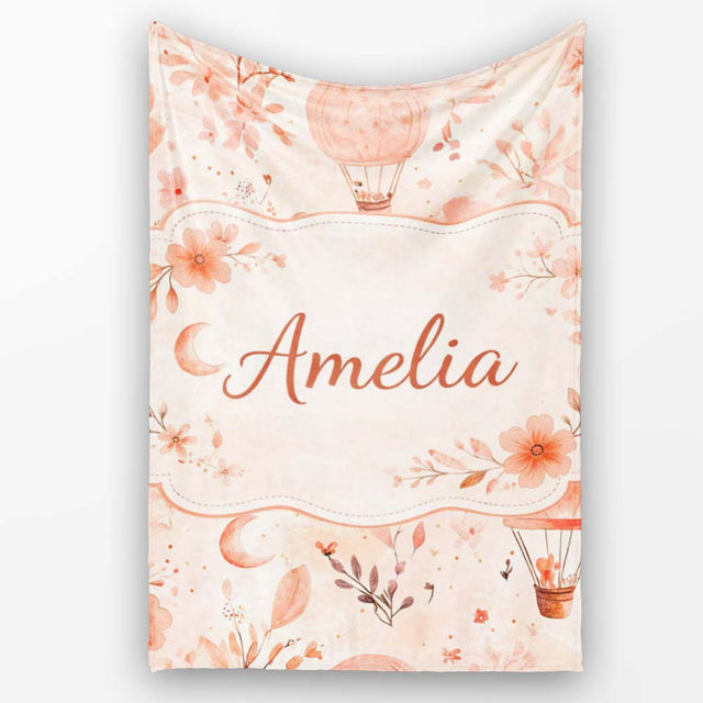 Coral Floral Hot Air Balloon Nursery Pattern Seamless Watercolour  Personalised Custom Name Super Soft Fleece Blanket Bed Sofa Throw