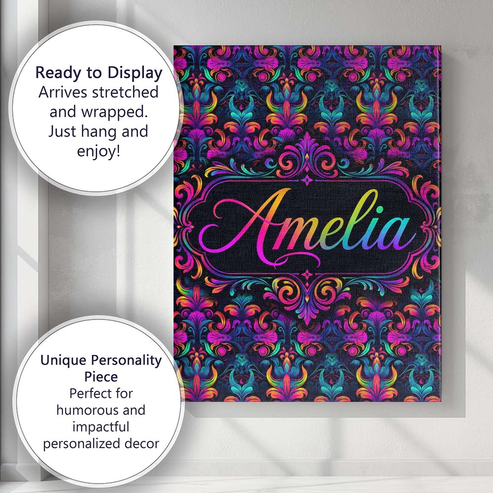 Personalised Name Vibrant Neon Baroque Custom  Modern Room Accent Elegant Feature Canvas Wall Art Print Decor Picture Ready to Hang