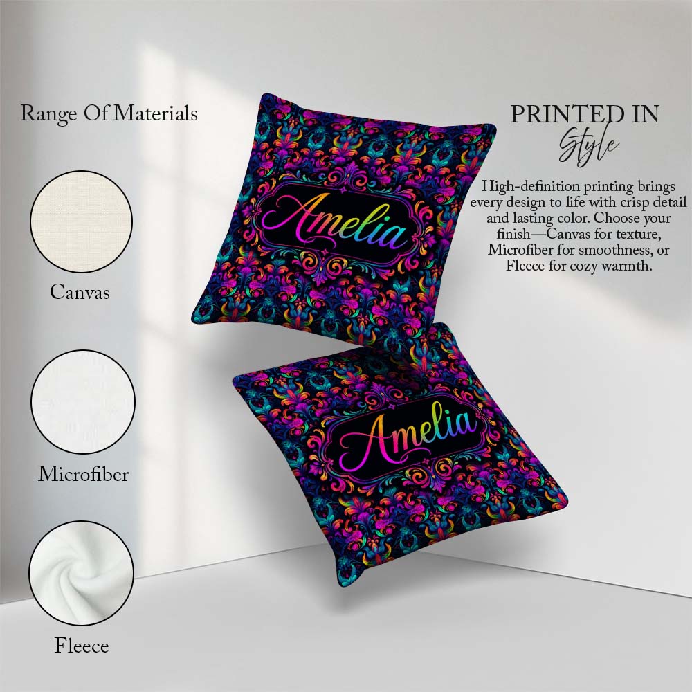 Custom Name Vibrant Neon Baroque Floral Damask Seamless Pattern Square Filled Cushion Throw Pillow Sofa Bed Home Decor Zip Washable UK Made