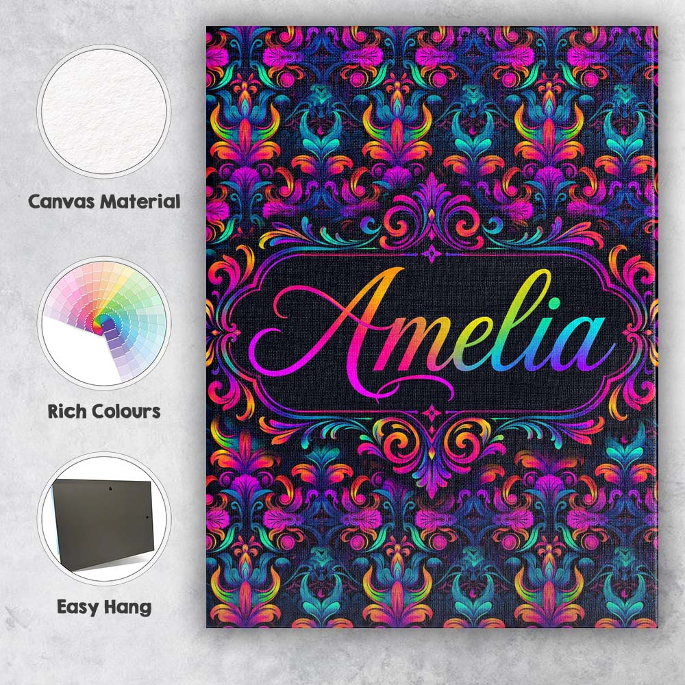 Personalised Name Vibrant Neon Baroque Custom  Modern Room Accent Elegant Feature Canvas Wall Art Print Decor Picture Ready to Hang
