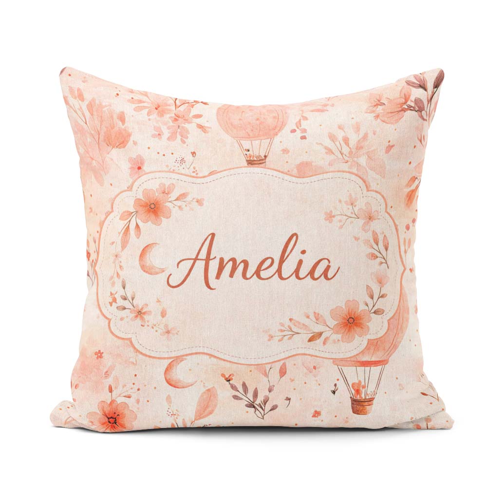Custom Name Coral Floral Hot Balloon Nursery Pattern Watercolour Square Filled Cushion Throw Pillow Sofa Bed Home Decor Zip Washable UK Made