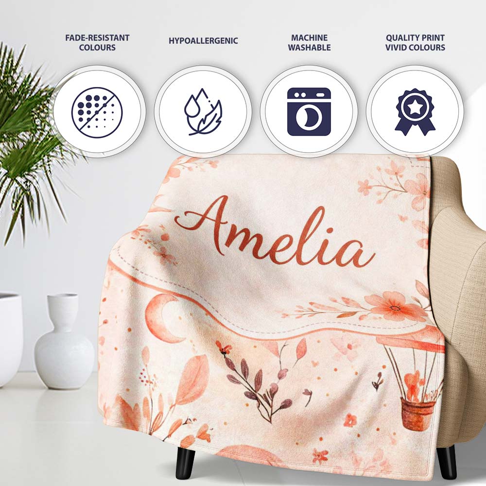 Coral Floral Hot Air Balloon Nursery Pattern Seamless Watercolour  Personalised Custom Name Super Soft Fleece Blanket Bed Sofa Throw