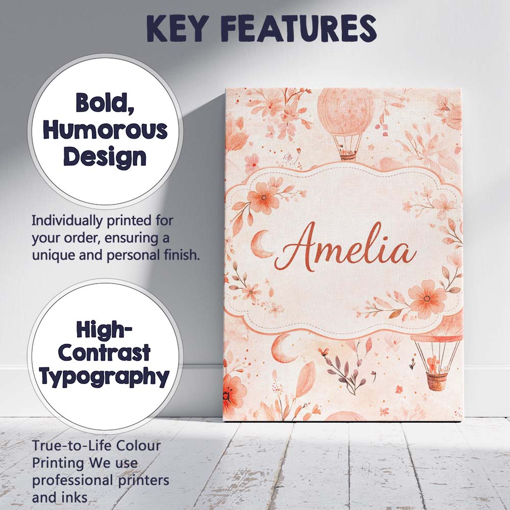 Personalised Name Coral Floral Hot Air Balloon Nursery Pattern Custom Modern Room Accent Canvas Wall Art Print Decor Picture Ready to Hang