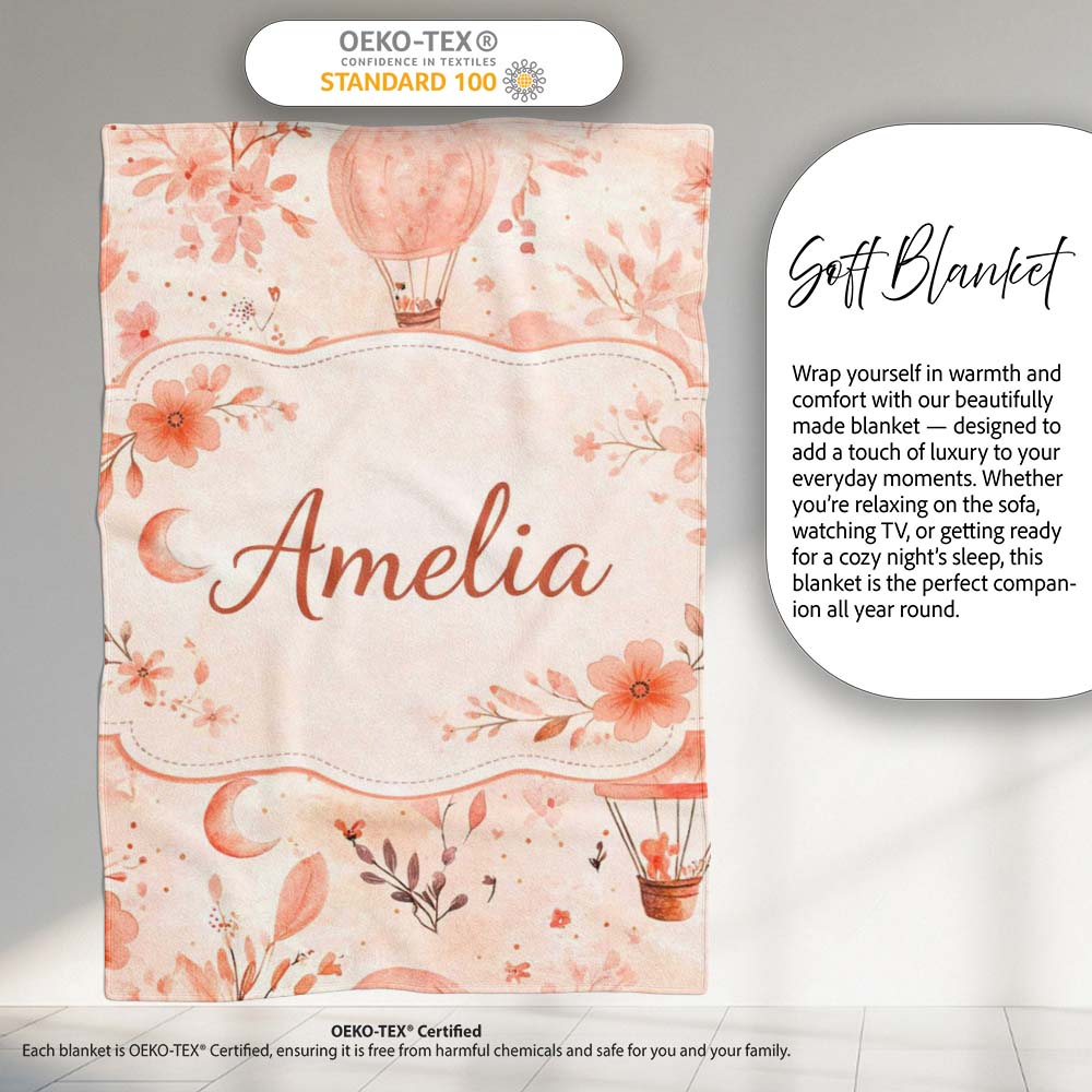 Coral Floral Hot Air Balloon Nursery Pattern Seamless Watercolour  Personalised Custom Name Super Soft Fleece Blanket Bed Sofa Throw