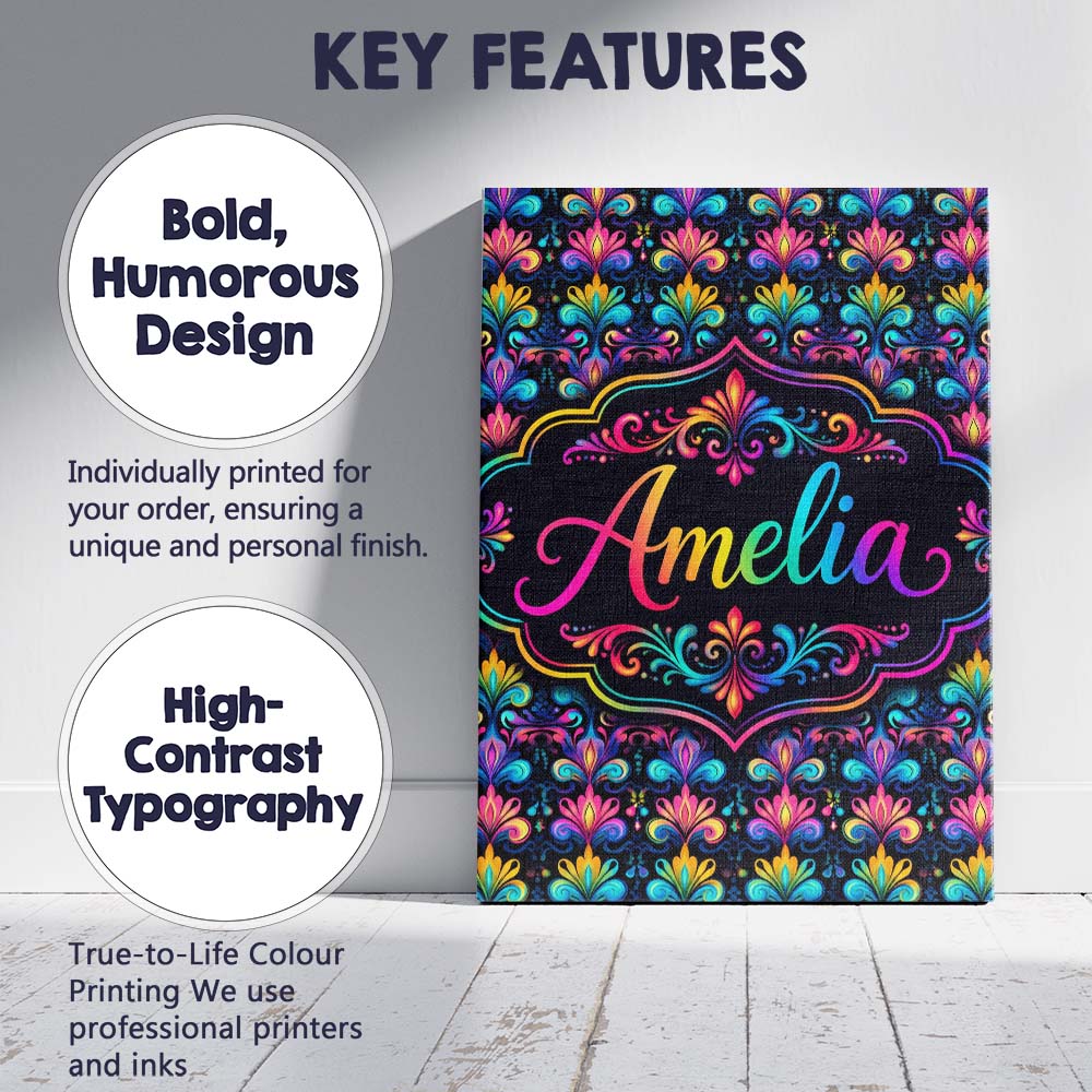 Personalised Name Bright Psychedelic Floral Custom  Bespoke Interior Contemporary Canvas Wall Art Print Decor Picture Ready to Hang