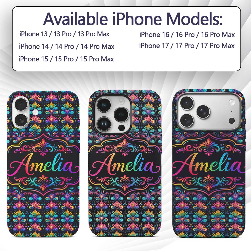 Bright Psychedelic Floral Scroll Damask Seamless Custom Name Protective Phone Case Mobile Cover Durable Everyday Smartphone Shock Resistant