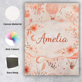 Personalised Name Coral Floral Hot Air Balloon Nursery Pattern Custom Modern Room Accent Canvas Wall Art Print Decor Picture Ready to Hang