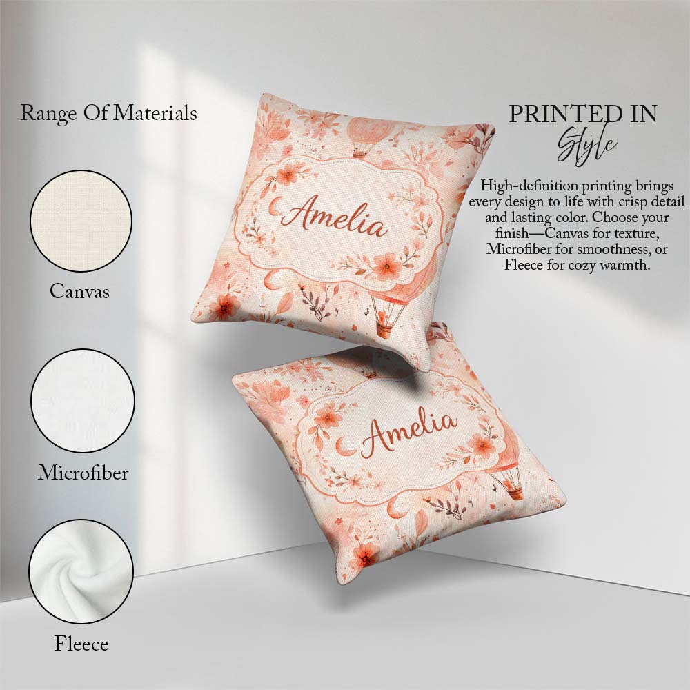 Custom Name Coral Floral Hot Balloon Nursery Pattern Watercolour Square Filled Cushion Throw Pillow Sofa Bed Home Decor Zip Washable UK Made