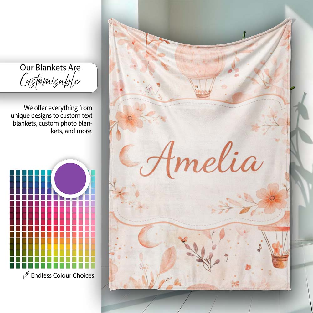 Coral Floral Hot Air Balloon Nursery Pattern Seamless Watercolour  Personalised Custom Name Super Soft Fleece Blanket Bed Sofa Throw