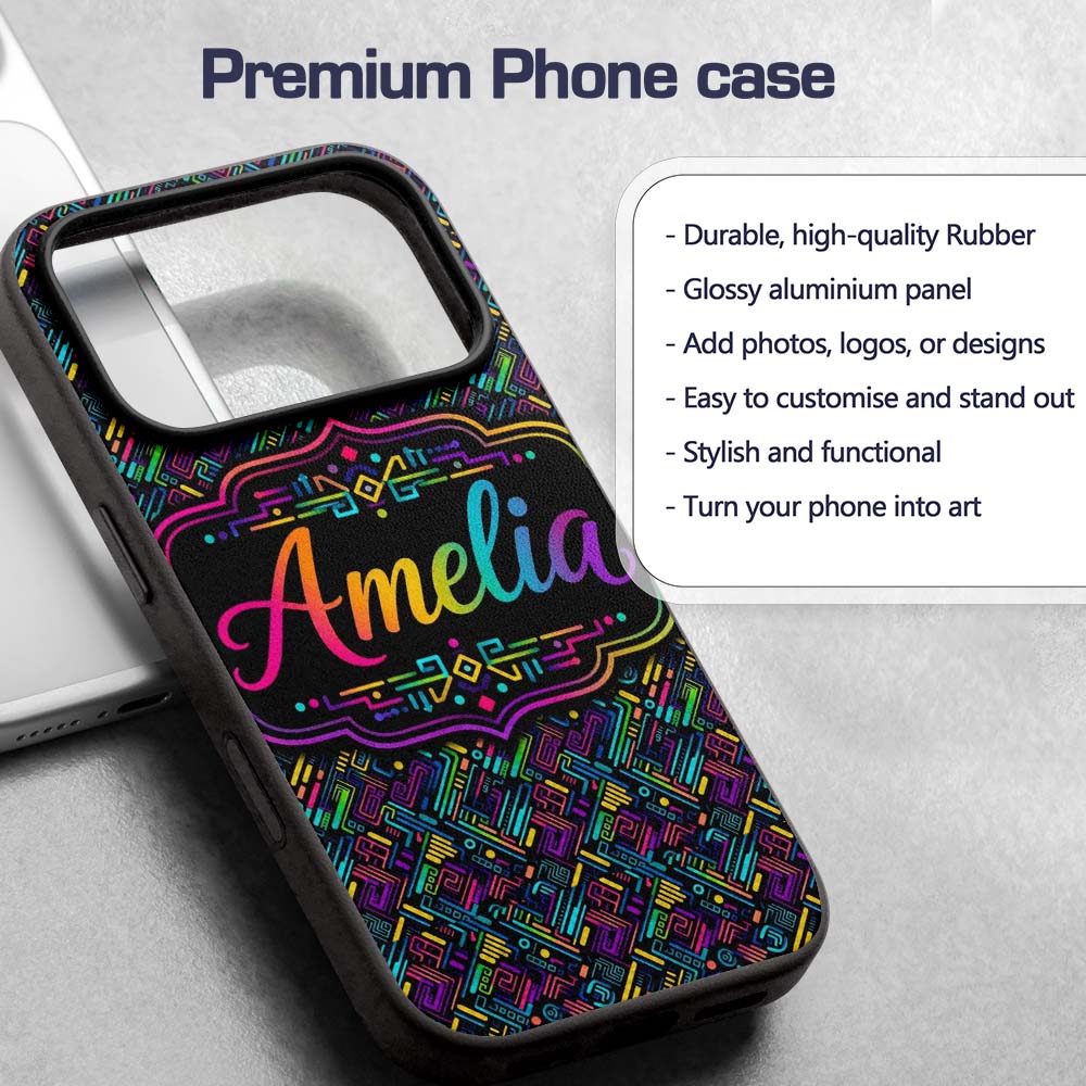Modern Neon Circuit Board Geometric Seamless Custom Name Protective Phone Case Mobile Cover Durable Everyday Smartphone Shock Resistant