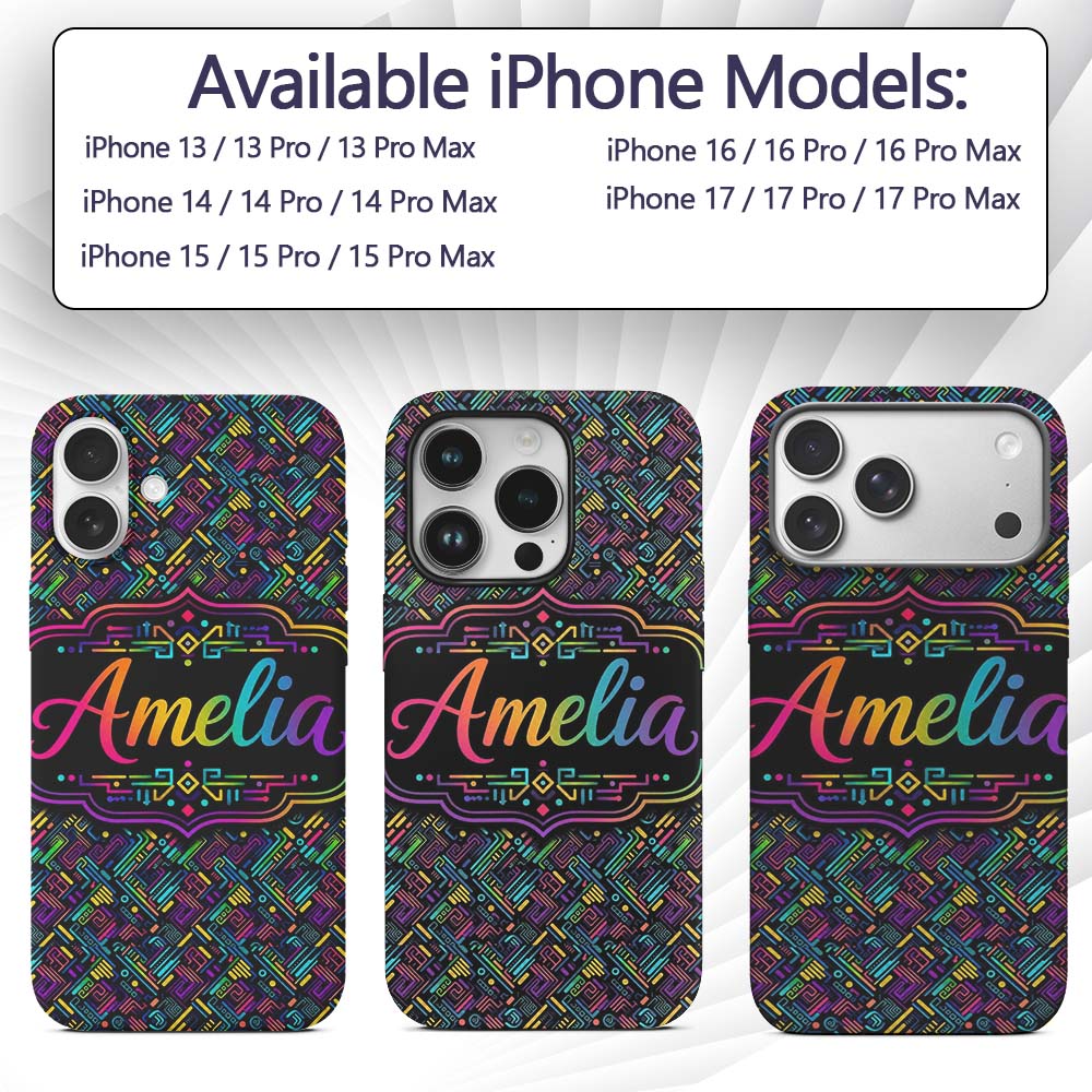 Modern Neon Circuit Board Geometric Seamless Custom Name Protective Phone Case Mobile Cover Durable Everyday Smartphone Shock Resistant