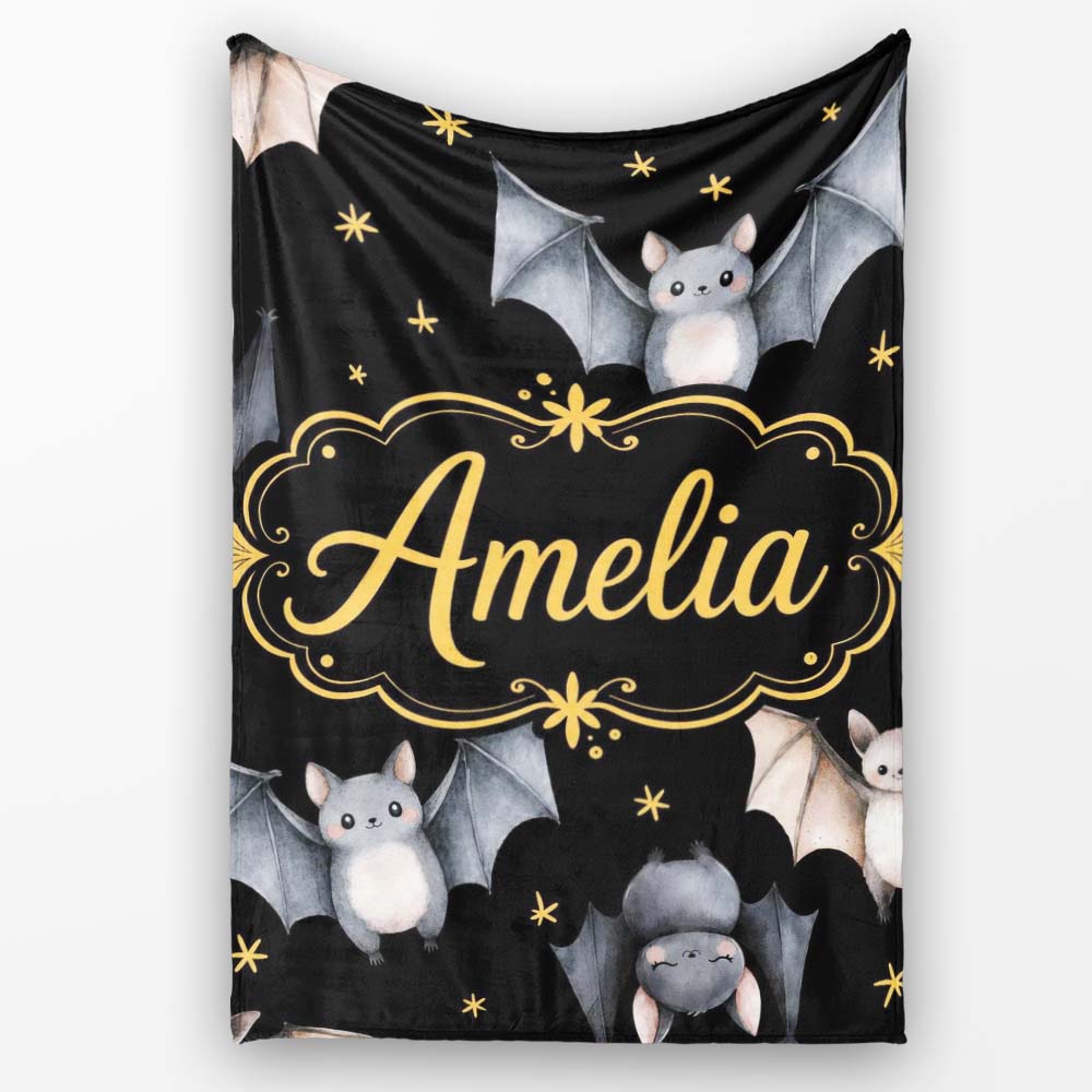 Cute Watercolor Bats and Stars Seamless Halloween Pattern Black  Personalised Custom Name Super Soft Fleece Blanket Bed Sofa Throw