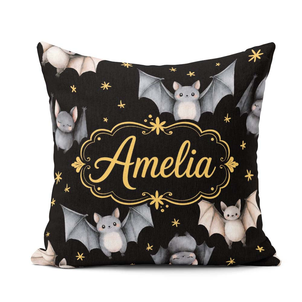 Custom Name Cute Bats and Stars Seamless Halloween Pattern Black Square Filled Cushion Throw Pillow Sofa Bed Home Decor Zip Washable UK Made