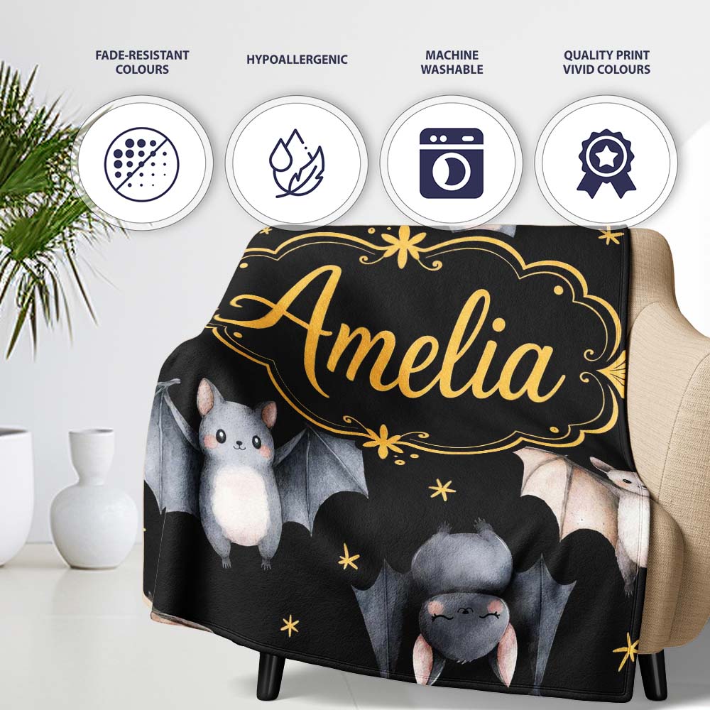 Cute Watercolor Bats and Stars Seamless Halloween Pattern Black  Personalised Custom Name Super Soft Fleece Blanket Bed Sofa Throw