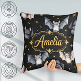 Custom Name Cute Bats and Stars Seamless Halloween Pattern Black Square Filled Cushion Throw Pillow Sofa Bed Home Decor Zip Washable UK Made