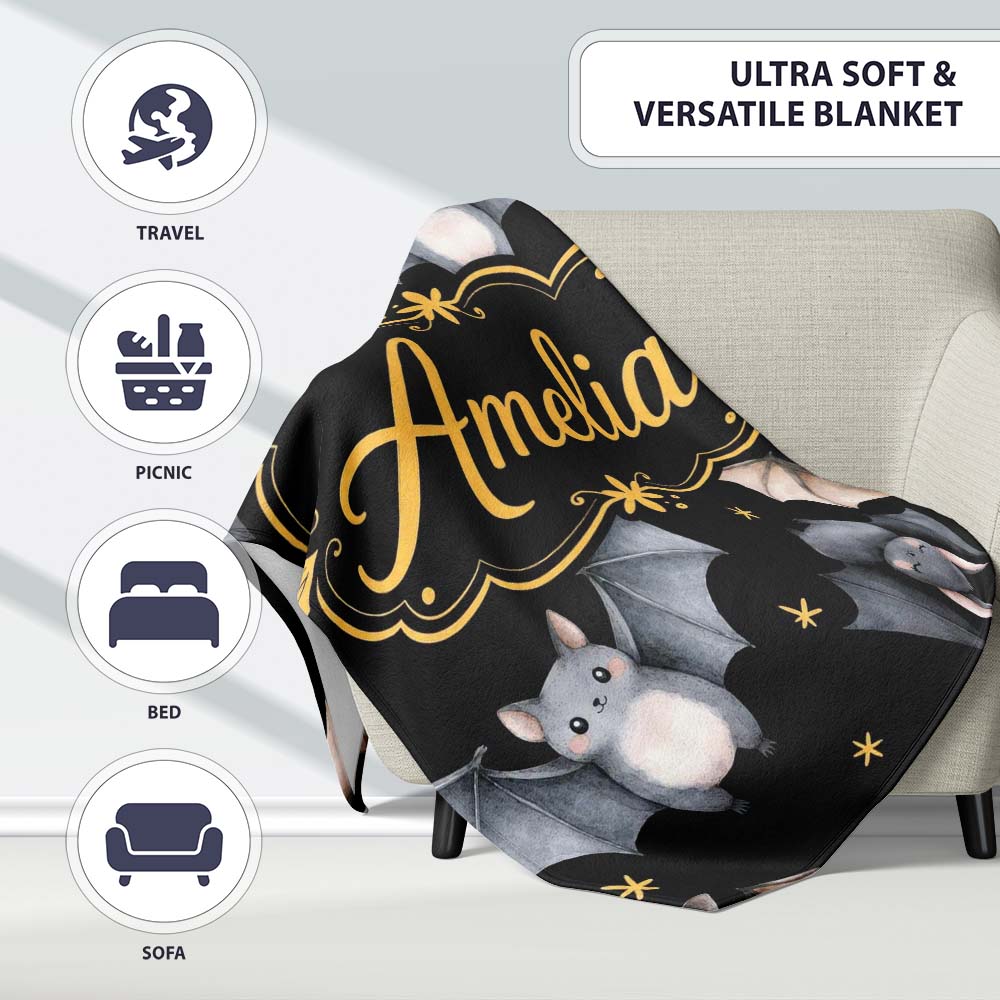 Cute Watercolor Bats and Stars Seamless Halloween Pattern Black  Personalised Custom Name Super Soft Fleece Blanket Bed Sofa Throw
