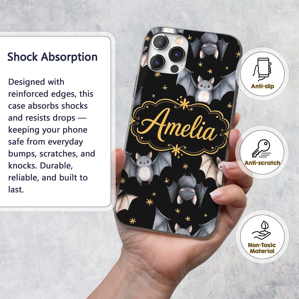 Cute Watercolor Bats and Stars Seamless Halloween Custom Name Protective Phone Case Mobile Cover Durable Everyday Smartphone Shock Resistant