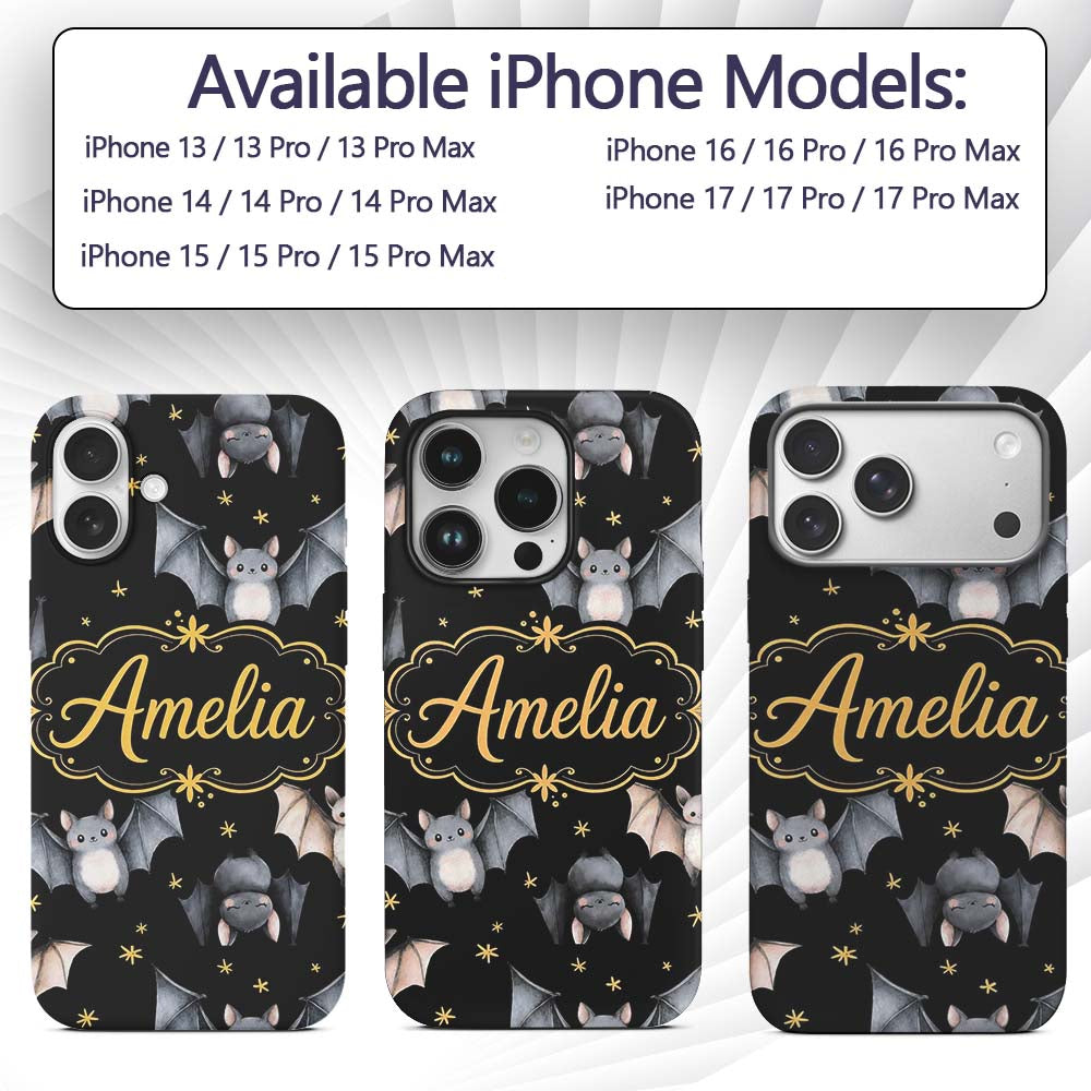 Cute Watercolor Bats and Stars Seamless Halloween Custom Name Protective Phone Case Mobile Cover Durable Everyday Smartphone Shock Resistant