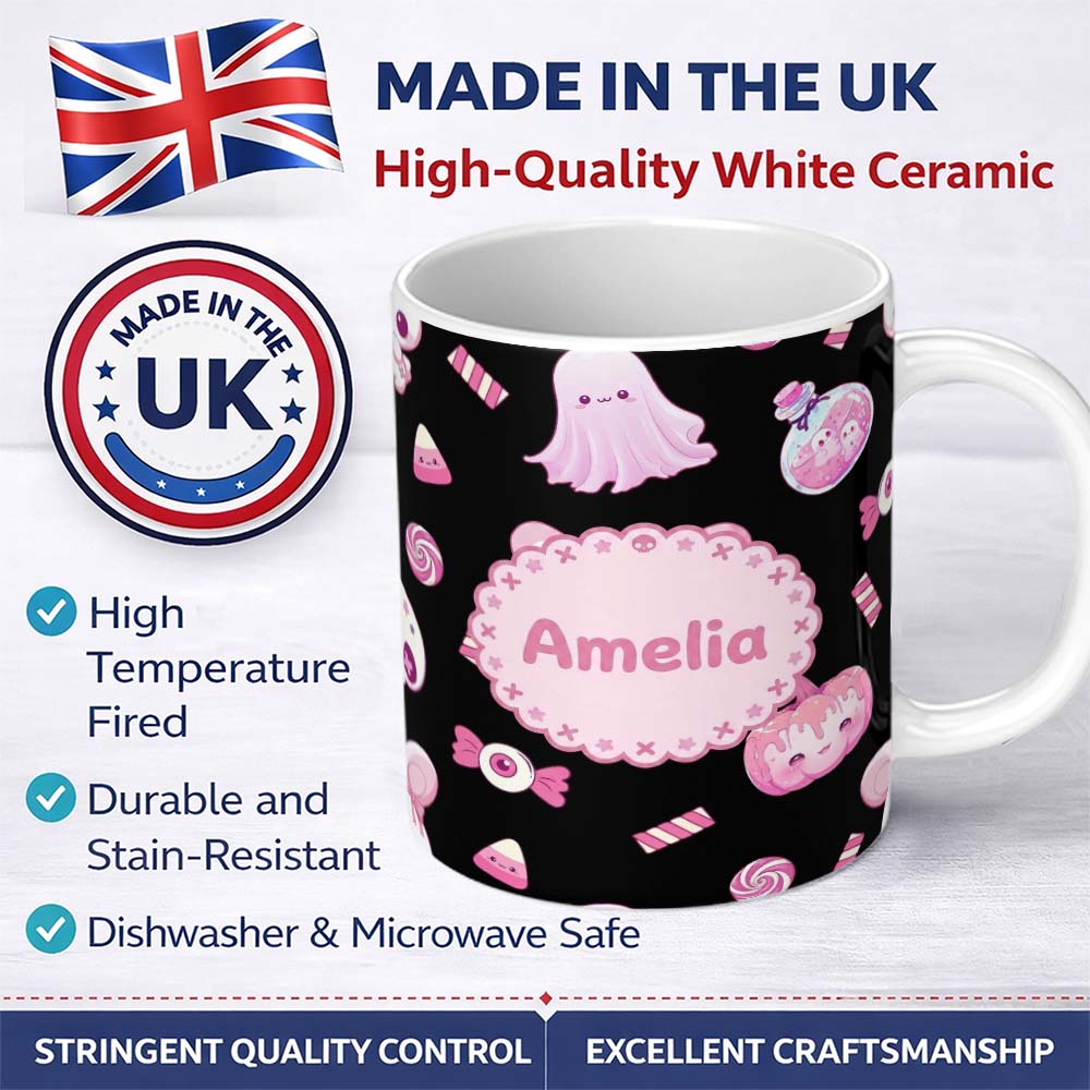 Personalized Custom Name Cute Pastel Goth Bunny Ghost Pumpkin Candy Pattern Soft Grey Lovely 11oz Ceramic Coffee Tea Mug White Large Handle