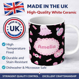 Personalized Custom Name Cute Pastel Goth Bunny Ghost Pumpkin Candy Pattern Soft Grey Lovely 11oz Ceramic Coffee Tea Mug White Large Handle