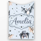 Cute Watercolor Bats and Stars Seamless Pattern Soft Blue Background  Personalised Custom Name Super Soft Fleece Blanket Bed Sofa Throw