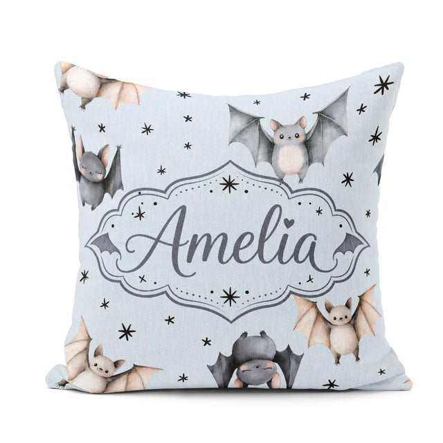 Custom Name Watercolor Bats and Stars Seamless Pattern Soft Blue Square Filled Cushion Throw Pillow Sofa Bed Home Decor Zip Washable UK Made