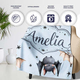 Cute Watercolor Bats and Stars Seamless Pattern Soft Blue Background  Personalised Custom Name Super Soft Fleece Blanket Bed Sofa Throw