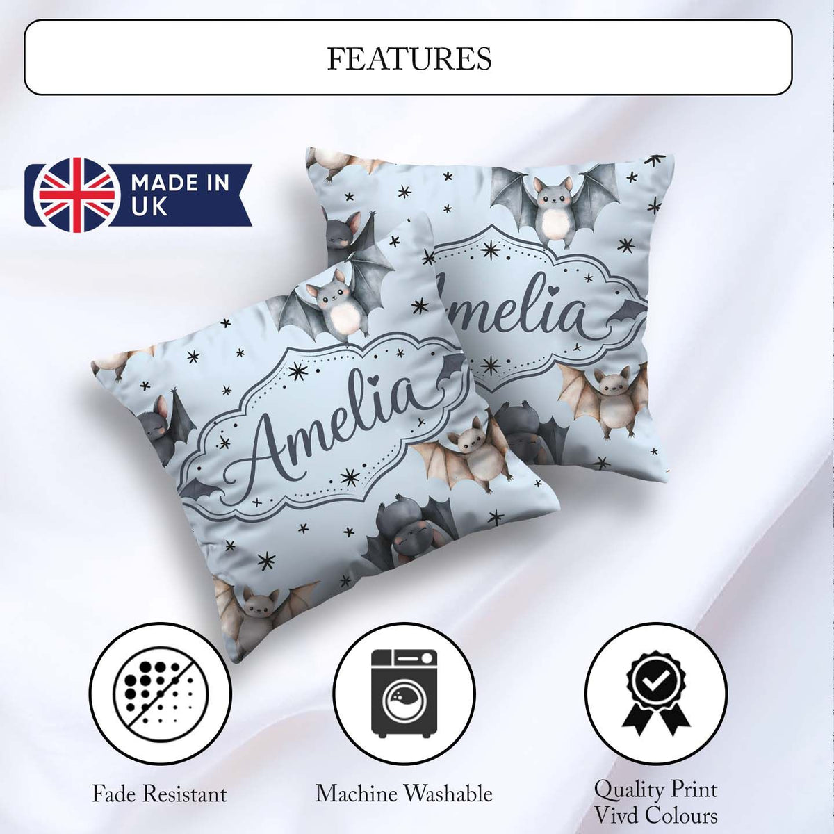 Custom Name Watercolor Bats and Stars Seamless Pattern Soft Blue Square Filled Cushion Throw Pillow Sofa Bed Home Decor Zip Washable UK Made