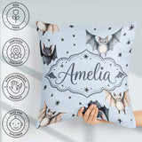 Custom Name Watercolor Bats and Stars Seamless Pattern Soft Blue Square Filled Cushion Throw Pillow Sofa Bed Home Decor Zip Washable UK Made