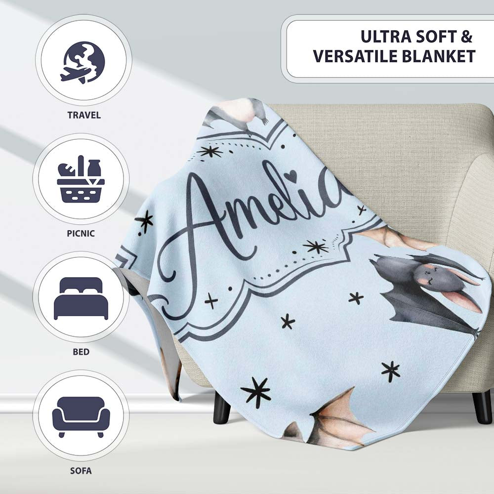 Cute Watercolor Bats and Stars Seamless Pattern Soft Blue Background  Personalised Custom Name Super Soft Fleece Blanket Bed Sofa Throw