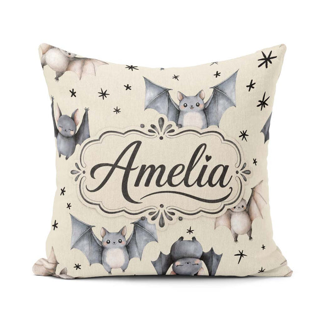 Custom Name Watercolor Bats and Stars Seamless Beige Background Square Filled Cushion Throw Pillow Sofa Bed Home Decor Zip Washable UK Made
