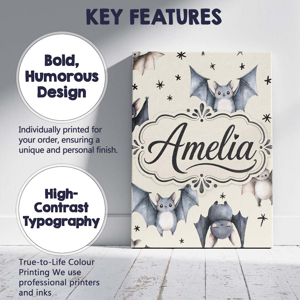 Personalised Name Cute Watercolor Bats and Custom  Unique Gift Idea Elegant Feature Canvas Wall Art Print Decor Picture Ready to Hang