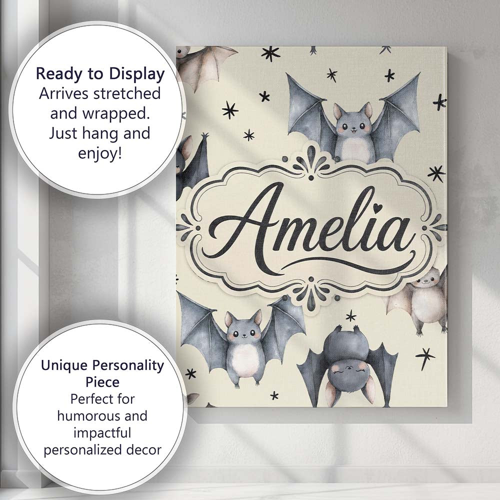 Personalised Name Cute Watercolor Bats and Custom  Unique Gift Idea Elegant Feature Canvas Wall Art Print Decor Picture Ready to Hang