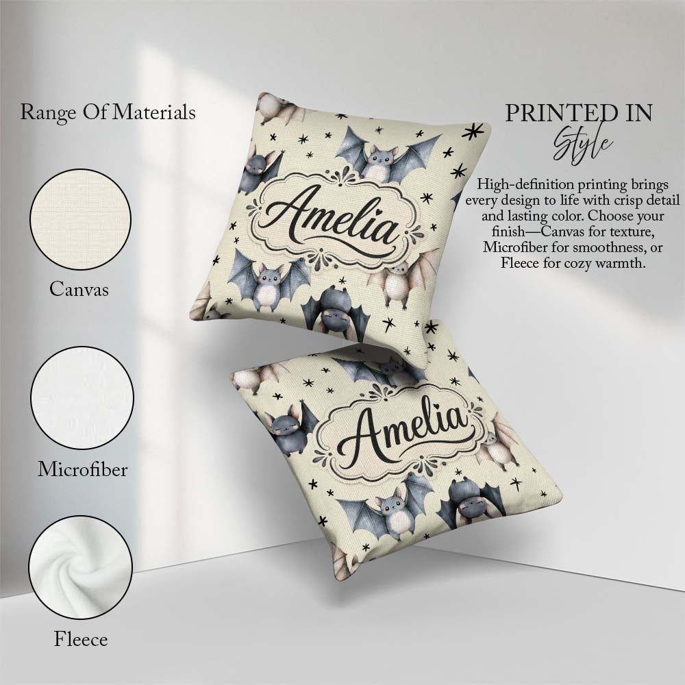 Custom Name Watercolor Bats and Stars Seamless Beige Background Square Filled Cushion Throw Pillow Sofa Bed Home Decor Zip Washable UK Made